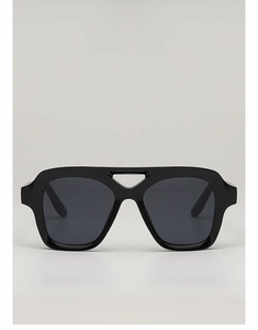 Close-up of black thick frame sunglasses featuring a unique inverted triangle nose bridge cutout