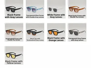 Grid view of vintage square sunglasses in nine assorted frame colors and lens tints