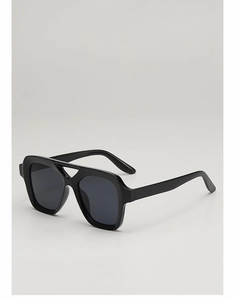 Detail of black rectangular sunglasses featuring a unique triangle hollow double bridge design