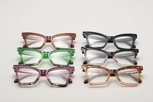 Close-up of stylish cat-eye sunglasses frames in diverse colors and tortoiseshell patterns
