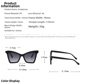 Detailed size chart for cat-eye sunglasses showing 145mm frame width and lens dimensions