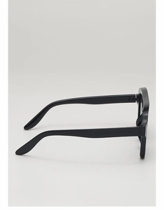 Side view of retro square sunglasses with thick black frames and wide rectangular temples