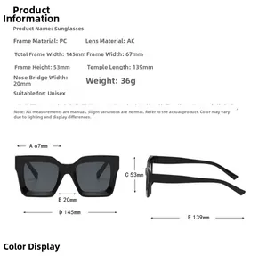 Detailed size chart for retro hip hop sunglasses showing frame width and lens dimensions
