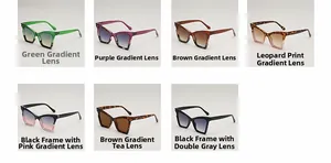 Detail showcasing seven variations of cat eye sunglasses with gradient lenses and floral frames