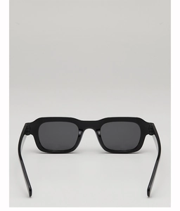 Rear view of sleek black square sunglasses showing thick frames and dark grey lenses