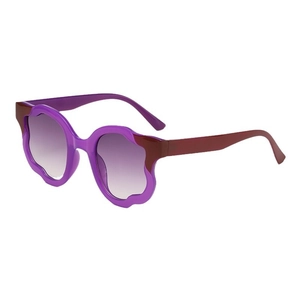 Irregular purple wavy sunglasses with wine red temples and gradient lenses on white backdrop