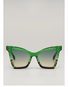 Detail of cat-eye sunglasses with transparent emerald green and tortoiseshell frame design