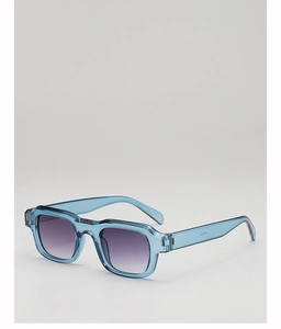Detailed side view of transparent blue square sunglasses with purple gradient lenses