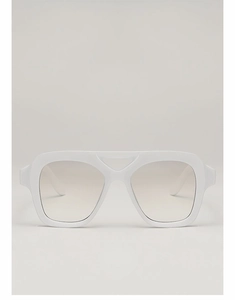 Detail of white chunky square frame sunglasses featuring unique cutout bridge design