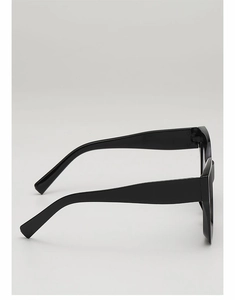 Side view detail of hip hop punk sunglasses featuring a thick glossy black frame structure