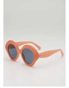 Macro side view of trendy coral thick frame sunglasses with dark grey lenses