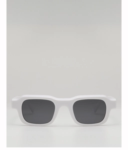 Front view of white rectangular sunglasses with thick frames and dark lenses