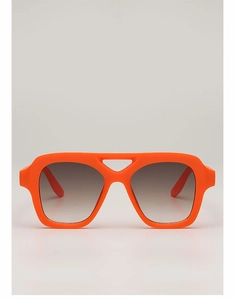 Front view of retro square orange sunglasses with thick frames and cutout bridge detail