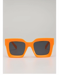 Front view of bright orange chunky square sunglasses with dark lenses and retro punk style