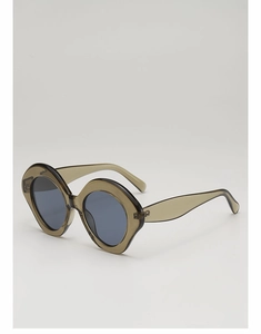 Detail of olive green irregular wavy frame sunglasses with dark grey lenses and acetate finish