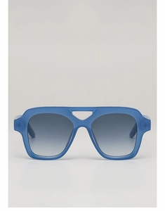 Front view of bold blue thick square sunglasses with gradient lenses and bridge cutout