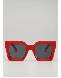 Front view of bold red chunky square sunglasses with dark grey UV400 lenses