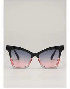 Detail of cat eye sunglasses featuring black and transparent frames with gradient lenses