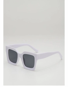 Close-up of stylish white square sunglasses featuring wide frames and dark grey lenses