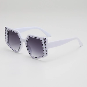 Square oversized sunglasses with white frames and purple checkered pattern accents