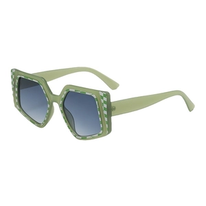 Square green translucent sunglasses with checkerboard pattern and blue gradient lenses