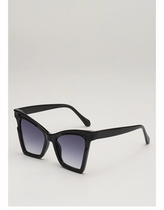 Side view of cat-eye sunglasses with glossy black frames and gradient lenses
