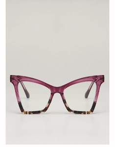 Detail of purple and tortoiseshell cat-eye sunglasses frame showing texture