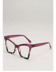 Detail view of cat eye sunglasses with purple to tortoise gradient frame and hinges