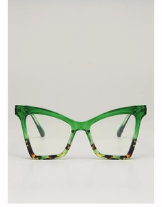 Macro shot of cat eye glasses frame with green and tortoiseshell acetate finish