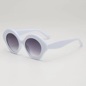 Retro thick white frame sunglasses with purple gradient lenses in a stylish 45-degree angle