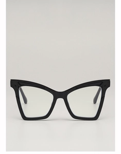 Front view of black cat-eye sunglasses with glossy frames and retro fashion design
