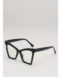 Detail view of stylish black cat eye sunglasses with blue light blocking lenses
