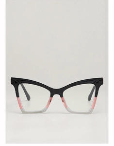 Close-up of cat eye sunglasses featuring black pink and transparent grey frame segments