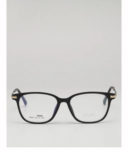 Detail view of TR90 lightweight square frames with gold metal accents and size specs