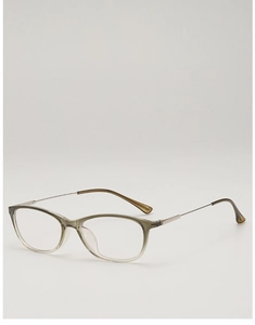 Detail of translucent taupe TR90 square frame with sleek silver metal temple arms