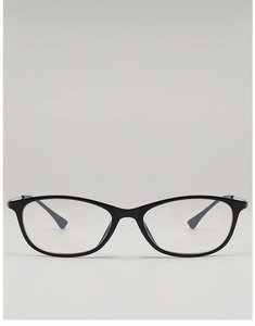 Front view of vintage black TR90 square frame glasses with silver metal hinge details
