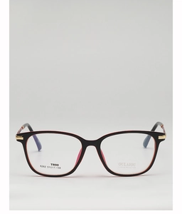 Close-up of black TR90 square frame with red inner trim and gold metal temple details