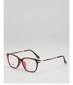 Detail of lightweight TR90 square eyeglass frame with black exterior and red interior