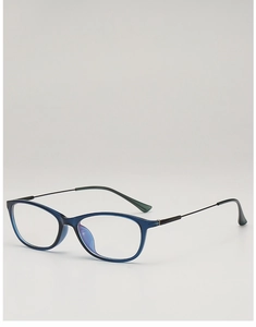 Detail view of navy blue TR90 square frame with ultra-slim black metal temples