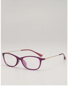 Detail view of purple TR90 square frame with slim gold metal temples and clear lenses