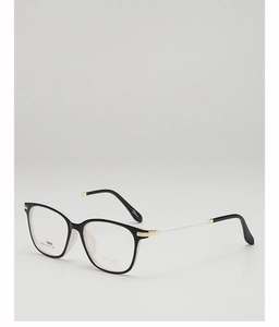 Detail view of TR90 square eyeglass frame with black and white two-tone temples and gold metal