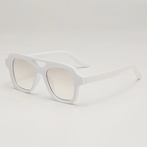 Retro white square frame sunglasses with double bridge and thick minimalist design