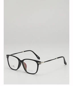 Detail of TR90 lightweight black square eyewear frame showing silver metal hinge and specs