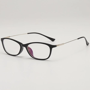 Classic black TR90 square frame glasses with silver metal temples on grey background