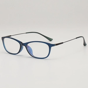 Retro TR90 square frame glasses in navy blue with slender black metal temples