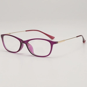 Retro TR90 square eyewear frame with purple translucent finish and gold metal temples