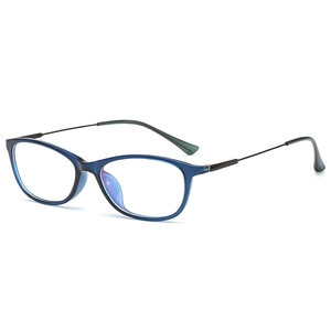 Retro TR90 square dark blue translucent eyewear frame with sleek black metal temples