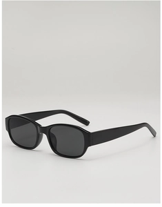 Side view of thick black square sunglasses with polished frame and dark UV lenses