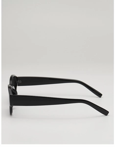 Side view of sleek black wide-temple sunglasses with a polished minimalist finish