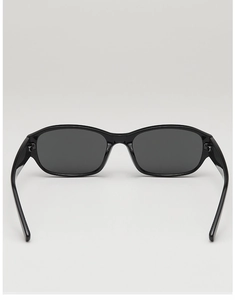 Rear view of sleek black square sunglasses with dark tinted lenses and glossy finish